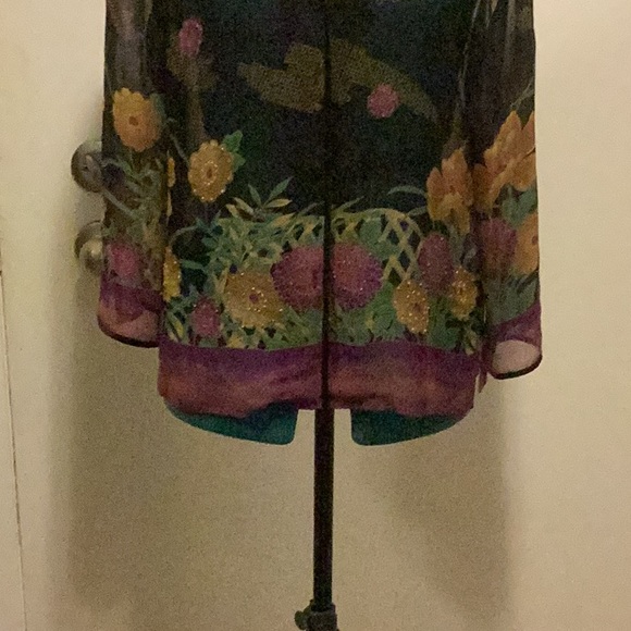 Womens Semi Sheer Silk Blouse Black Floral w/clear beads Unbranded - Picture 3 of 10